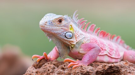 Fototapeta premium Pink iguana perched on a rock, close-up.