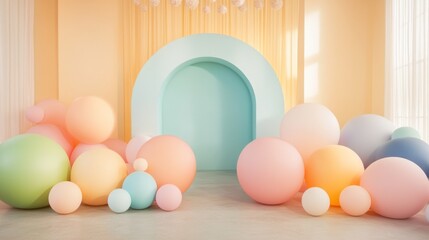 Fototapeta premium Soft rainbow gradient balls in varying sizes with a matte finish, floating in a whimsical arrangement for a festive kids zone atmosphere