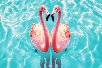 Naklejka premium Elegant flamingos facing each other in turquoise water, creating a heart-shaped silhouette, vibrant and serene scene perfect for nature, , and artistic tropical designs
