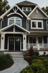 Obraz premium Two-Story House with Dark Gray Siding and White Trim
