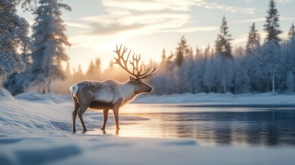 Obraz premium Majestic reindeer by winter lake at sunrise.