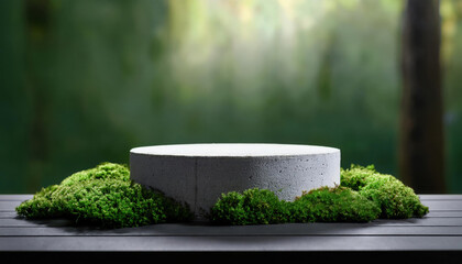 modern concrete podium surrounded by soft green moss, creating serene and minimalist aesthetic. natural elements enhance contemporary design, perfect for various settings