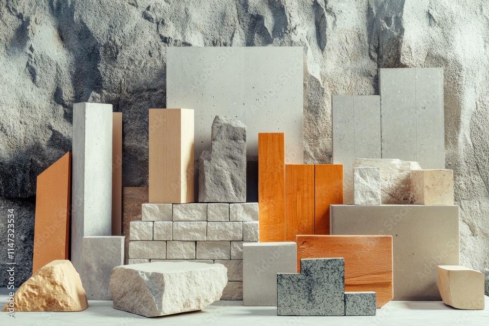 Aufkleber Diverse construction materials arranged creatively on a countertop with textured background showcasing architecture elements. Generative AI