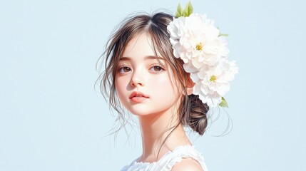 Fototapeta premium Digital illustration of a young woman with a white flower in her hair against a blue background.
