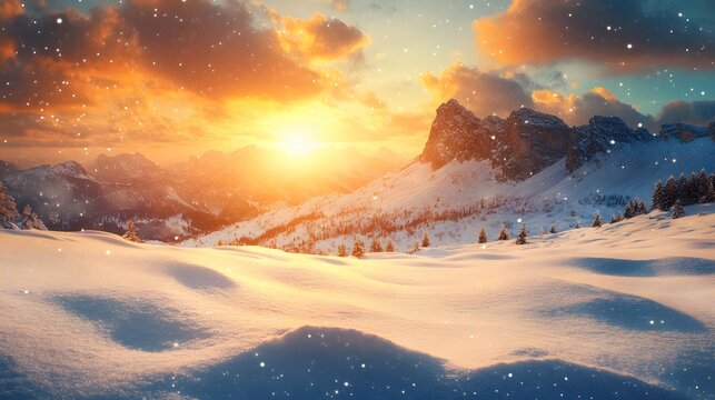 A dramatic view of a snow-covered desert mountain range under a golden winter sunset, blending warmth and cold