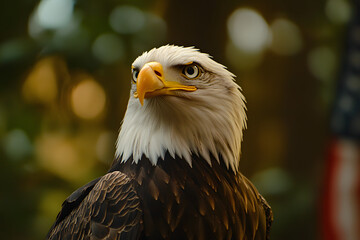 Obraz premium Majestic bald eagle portrait, powerful bird of prey with sharp gaze and detailed feathers, symbol of freedom, wildlife photography, perfect for nature, patriotic, and educational use