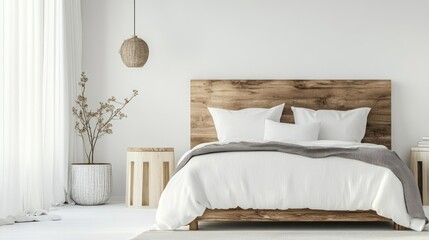 Modern Minimalist Bedroom With Wooden Bed And White Linen