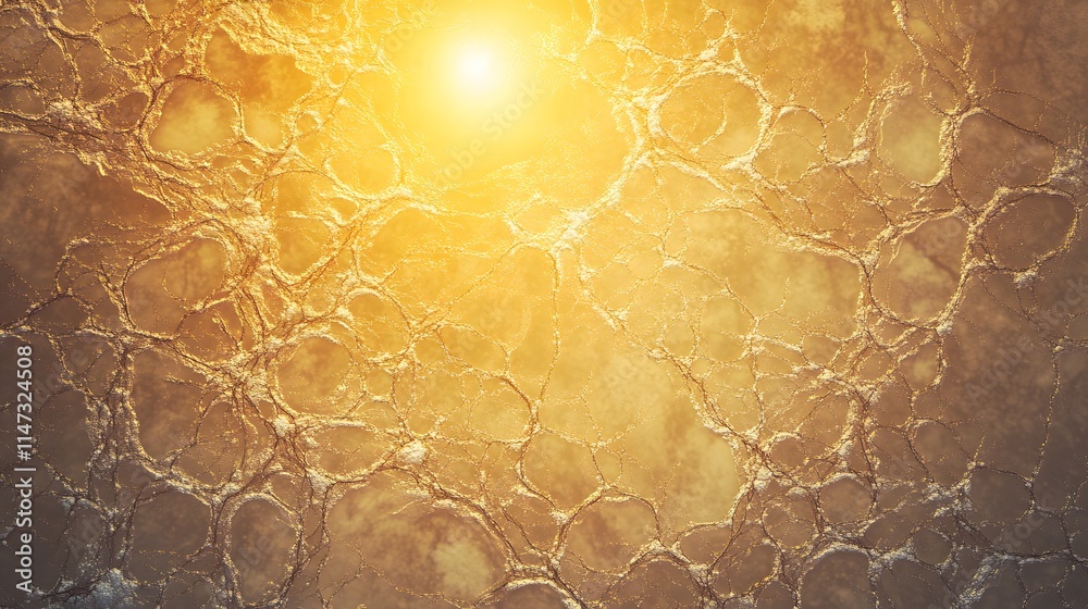 Poster Aerial view of a frozen river delta with intricate branching patterns glowing softly under the golden winter sun