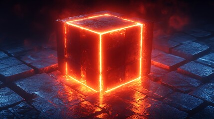 Glowing Cube: A vibrant, red cube radiates energy, its glowing edges casting an ethereal light on the dark, stone-paved ground. This image captures the essence of power, mystery, and the unknown. 