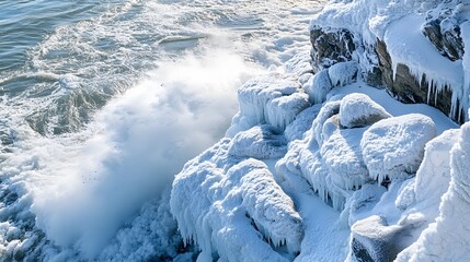 Top view of a frozen coastline with snow-covered rocks and waves crashing into the icy shore