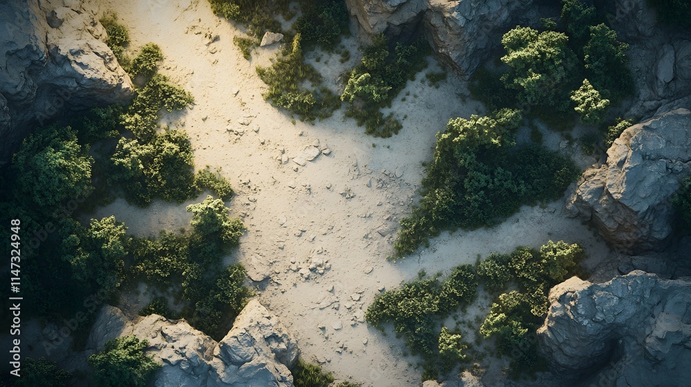 Poster top view of a canyon floor with winding paths and scattered desert vegetation glowing under soft lig