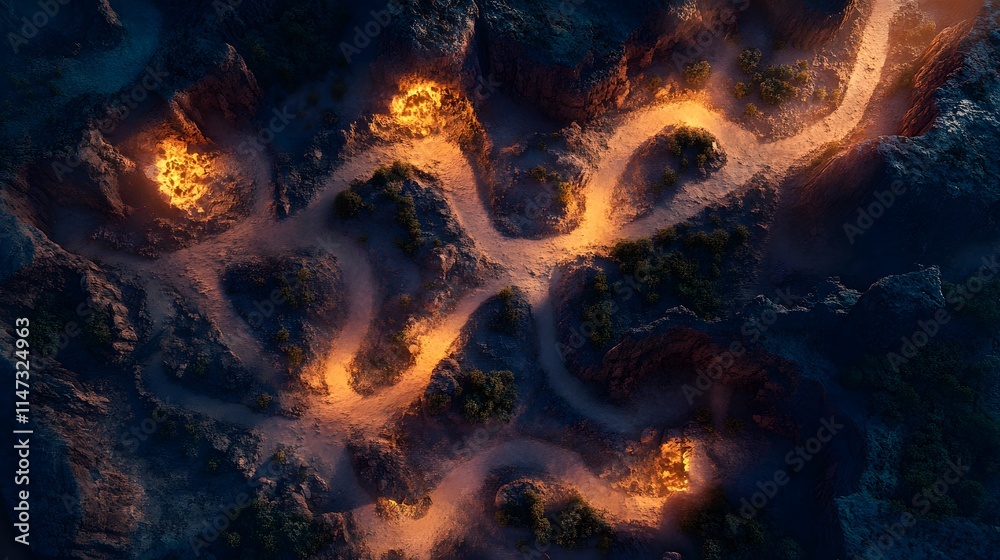 Poster top view of a canyon floor with winding paths and scattered desert vegetation glowing under soft lig