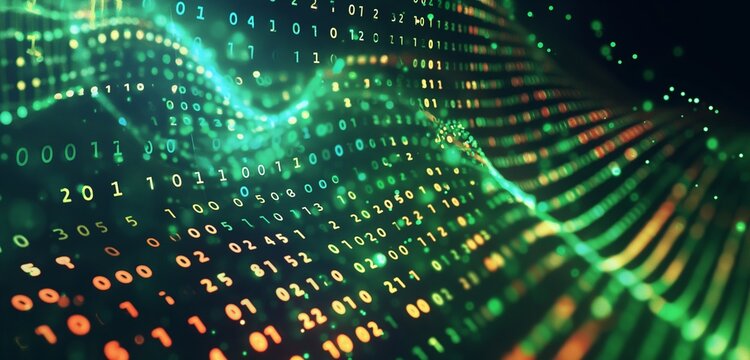 A modern digital technology background with a dynamic wave of binary code flowing across a black and neon green backdrop, representing data transfer and cybersecurity.