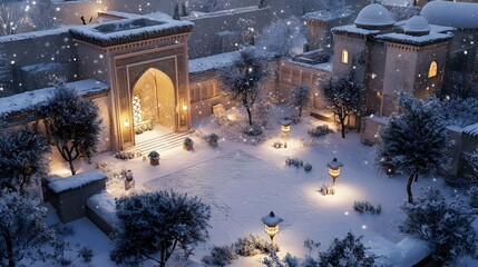 Aerial view of a snow-covered Arabian courtyard glowing softly under a clear winter sky