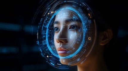 Digital Identity: A woman's face is framed by a futuristic, glowing blue interface, symbolizing the merging of technology and human identity.  