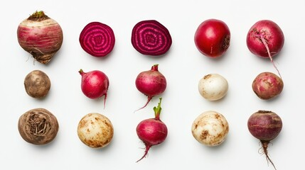 Assorted Root Vegetables Displayed on White Background