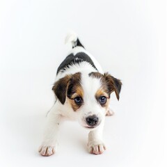 Fototapeta premium A playful puppy chasing its tail, isolated in white, white background