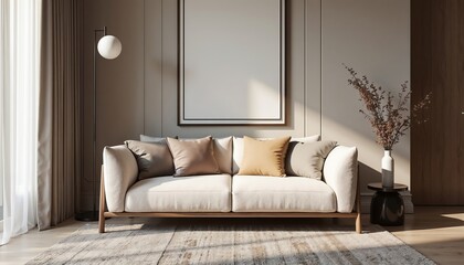 Fototapeta premium Minimalist living room with beige sofa, abstract artwork, and soft light.Simplicity. Comfort. Timeless Style.Modern home design, living room inspiration, interior decoration banner.