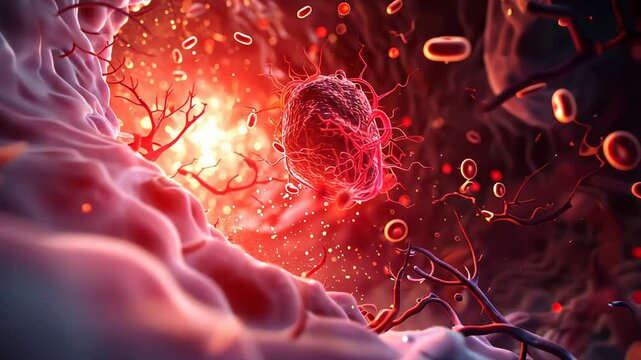 microbiology, Fat hyperlipidemia or arteriosclerosis hemoglobin red blood vessel cell micro microscope inside interior human body. Embolism and cholesterol and intestinal tumors
