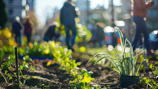 The urban garden is filled with blurred shapes of people diligently planting and weeding amidst the hustle and bustle of the streets.