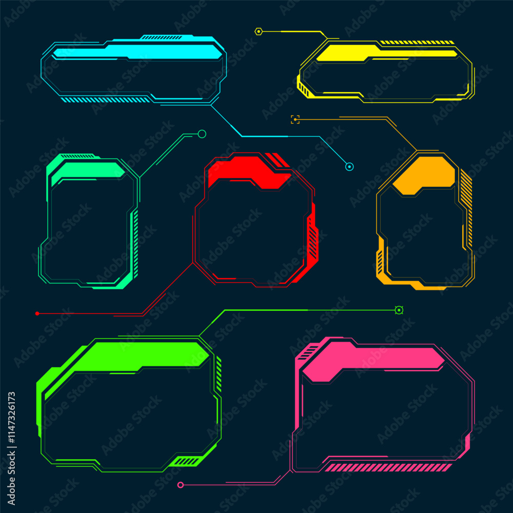 Poster futuristic hud or ui elements. sci-fi user interface text boxes, callouts. colorful warning message 