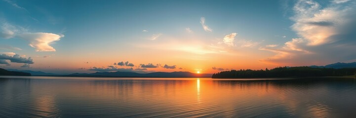 Obraz premium A breathtaking view of a colorful sunset over a tranquil lake surrounded by lush green trees and mountains in the distance, tranquil, lake, dusk