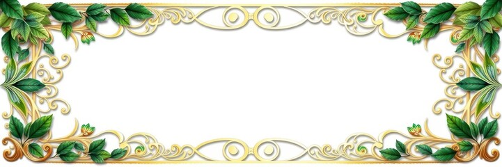 Green gold leaves wedding invitation card template with elegant design featuring a border of intricate leaf patterns and a luxurious metallic finish, luxurious, intricate, border