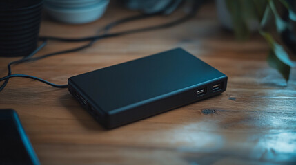 Portable charger on wooden table with plants and kitchenware in the background.  