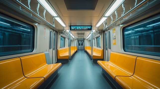 Empty subway trn with bright orange seats in a modern station.  