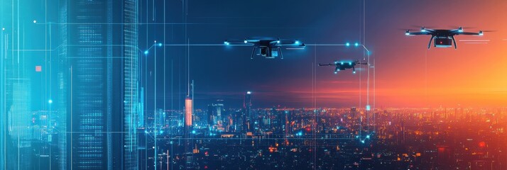 Automated AI drones flying over a vibrant city at sunset for delivery and surveillance tasks. Generative AI