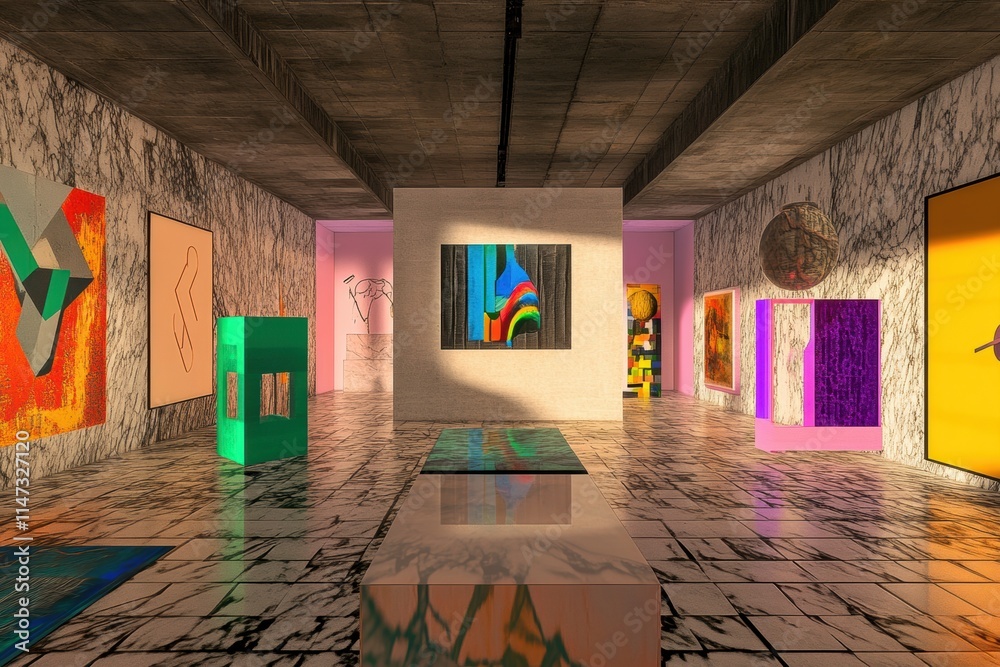 Poster Explore a vibrant digital gallery filled with virtual art and dynamic avatars that spark creativity and adventure!. Generative AI