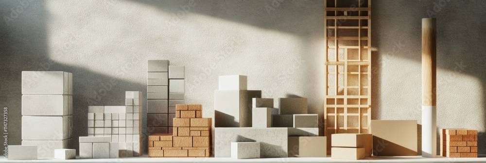 Aufkleber Construction materials arranged with bricks, wood, and concrete blocks showcasing diverse building options in a modern setting. Generative AI