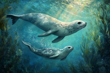 Fototapeta premium Two seals swim underwater, kelp forest background.