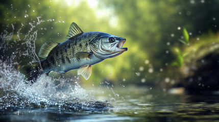 Fototapeta premium Black bass fish jumping out of river water