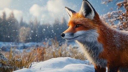 Obraz premium Red fox in snowy winter landscape.