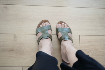 Stylish and Elegant Green Sandals Displayed on a Beautiful Wooden Floor
