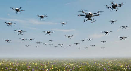 A swarm of drones flying in formation against a sunset sky, capturing the modern technology of unmanned aerial vehicles in a beautiful and serene setting