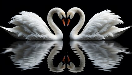 Fototapeta premium Swans Forming Heart Shape on a Calm Water Surface with Black Background