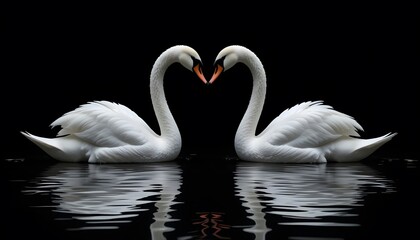 Fototapeta premium Swans Forming Heart Shape on a Calm Water Surface with Black Background
