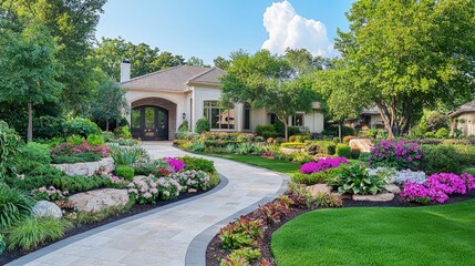 Fototapeta premium A curving stone pathway leads to a luxurious residential house through a beautifully landscaped front yard with colorful flower beds and lush green lawns under a bright sky.