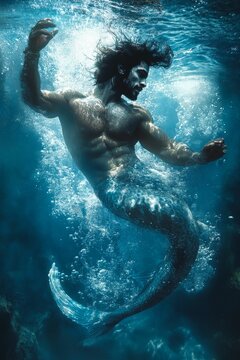 Muscular merman swims, bubbles trail.