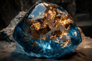 Translucent blue gem, gold inclusions, dark background.