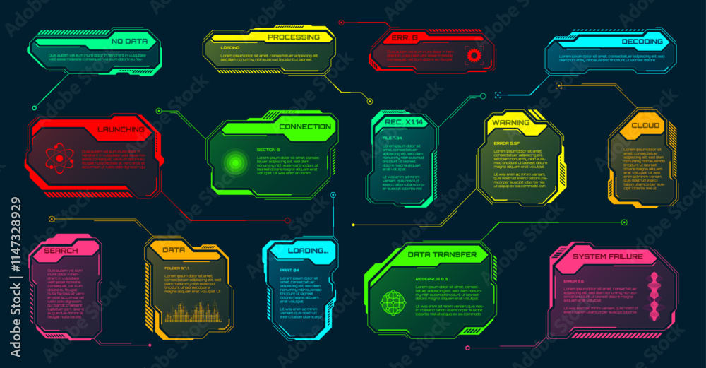 Poster futuristic hud or ui elements. sci-fi user interface text boxes, callouts. colorful warning message 