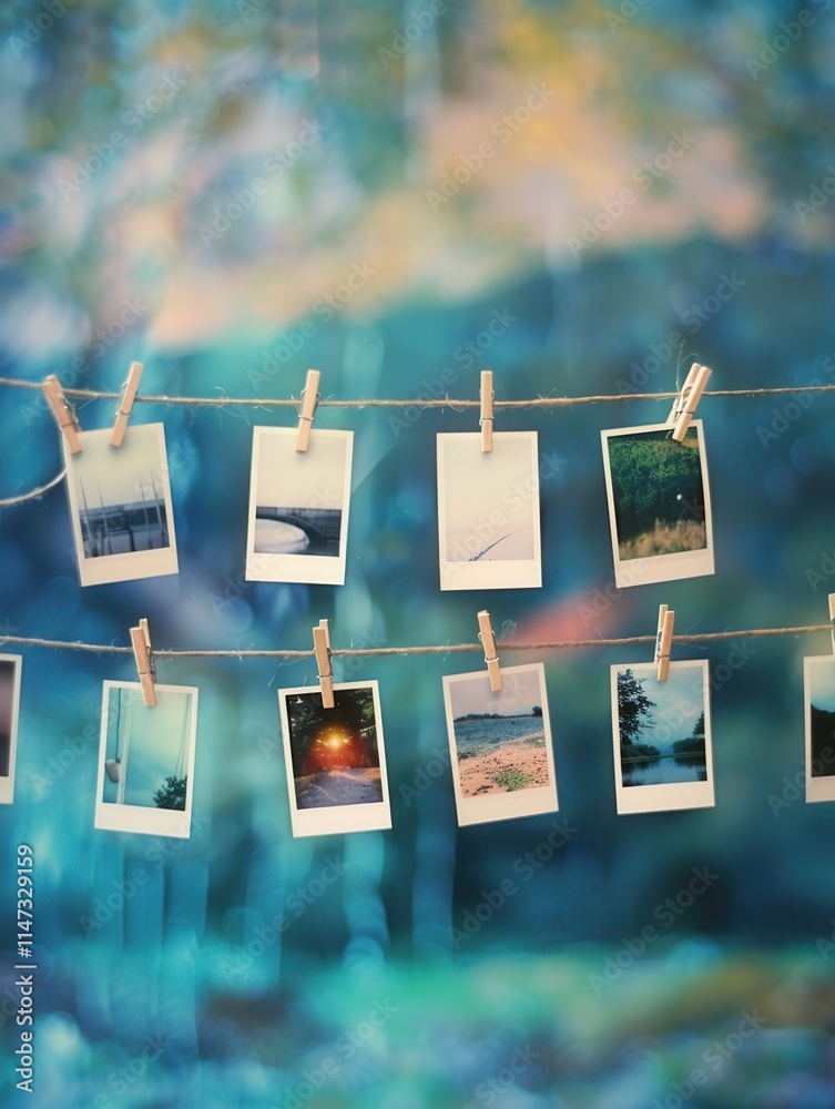 Aufkleber colorful polaroid pictures hanging on a string with clothespins against an artistic background. gene