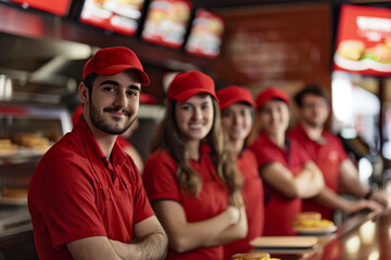 Obraz premium Group of Spain workers at a fast food establishment, photography of the team with a fast food restaurant background.