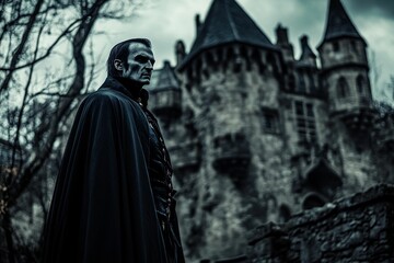 Naklejka premium Pale figure, dark cloak, ancient castle backdrop.