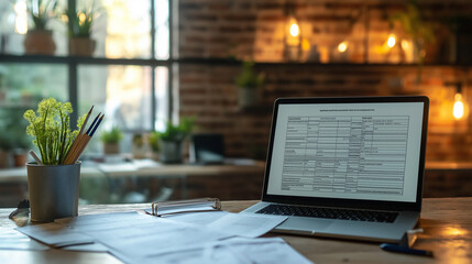 Tax Time. A calendar, receipts, and a laptop with tax forms on the screen. Finance, taxes, preparation