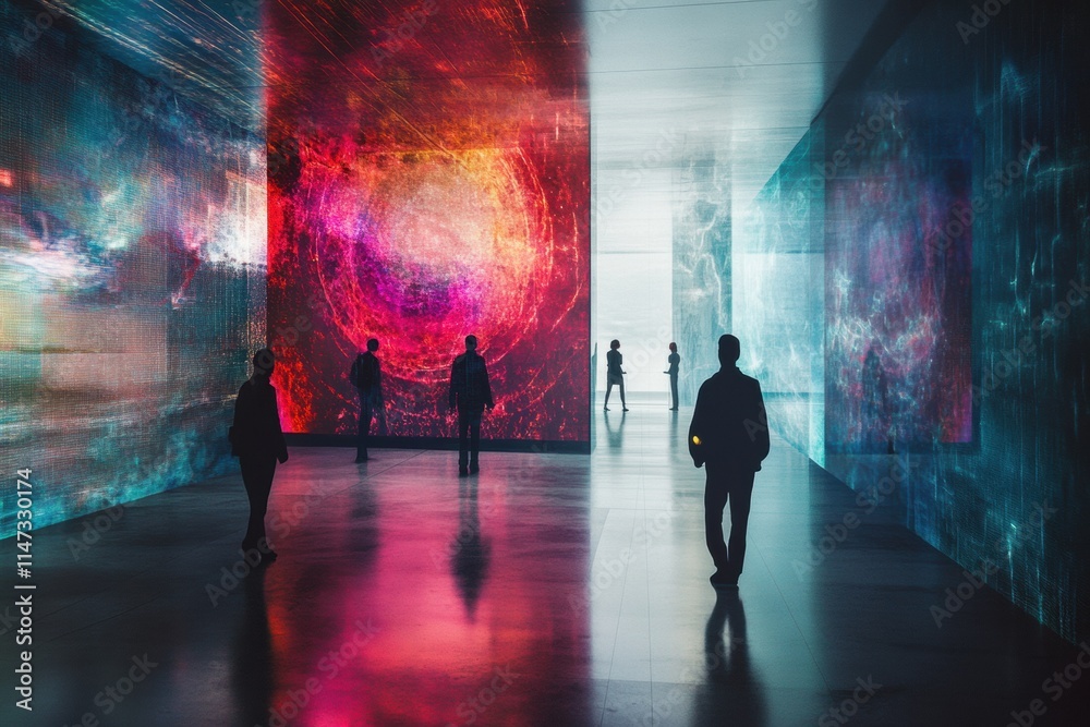 Aufkleber visitors engage with vibrant virtual artworks and avatars in a digital gallery, surrounded by colorf