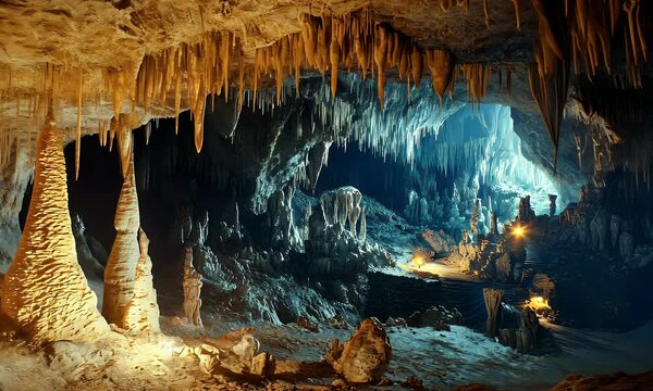 A stunning underground cave with stalactites and stalagmites illuminated by soft lighting.