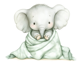 Cute Baby Elephant Wrapped in Soft Green Blanket with Adorable Expression in Watercolor Style